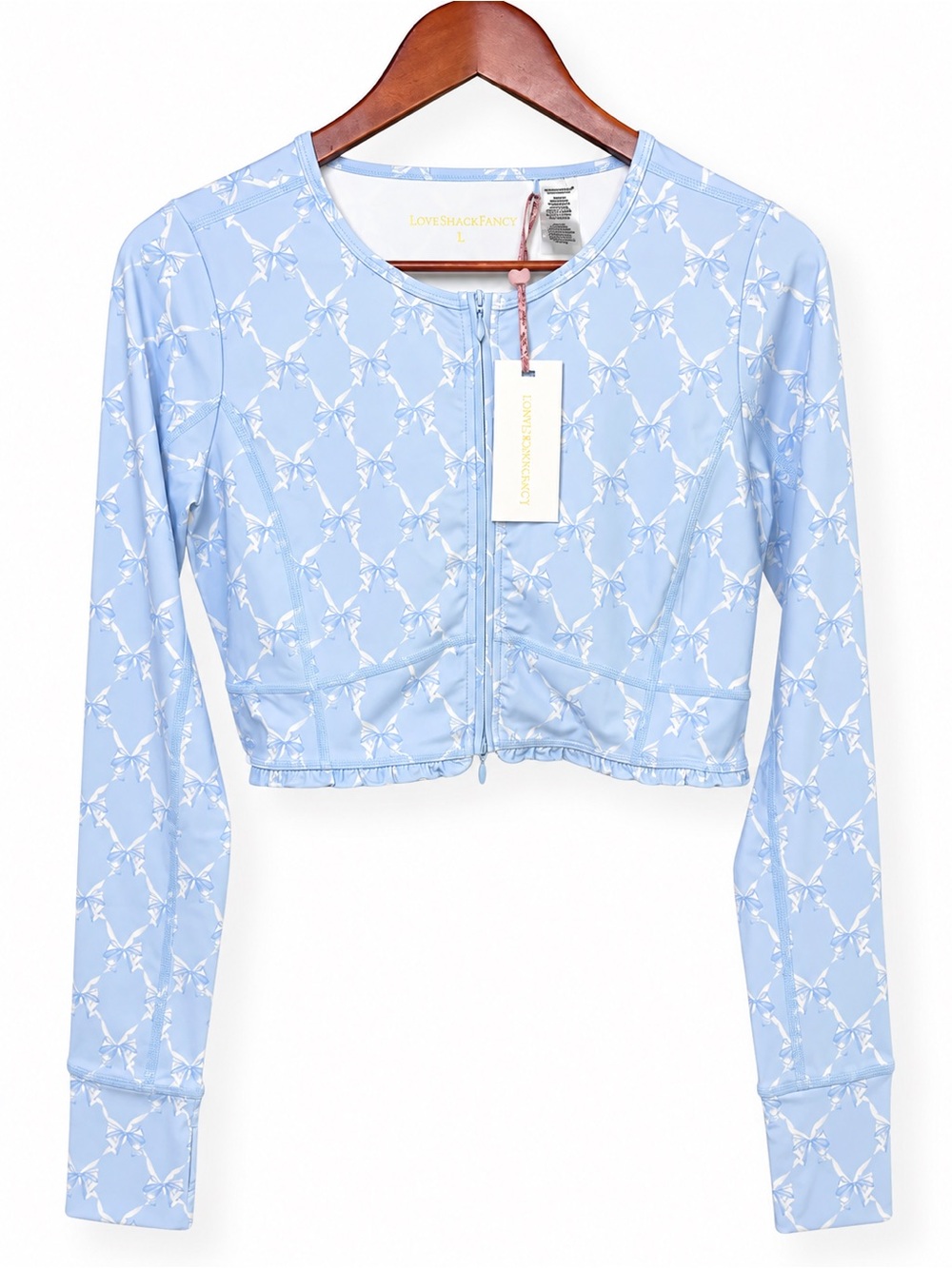 LoveShackFancy Laudie Zipup Chilled Blue Women's L NWT Bow Print